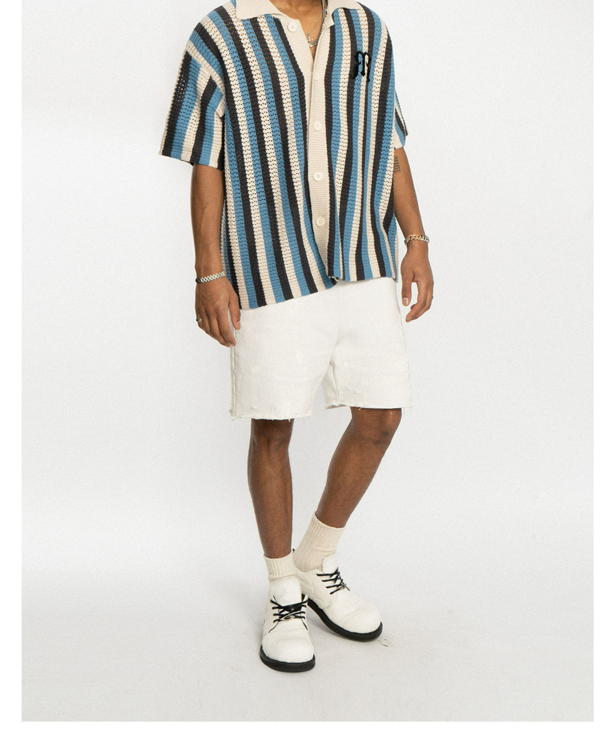 EMPTY REFERENCE Striped Crochet Collar Shirt