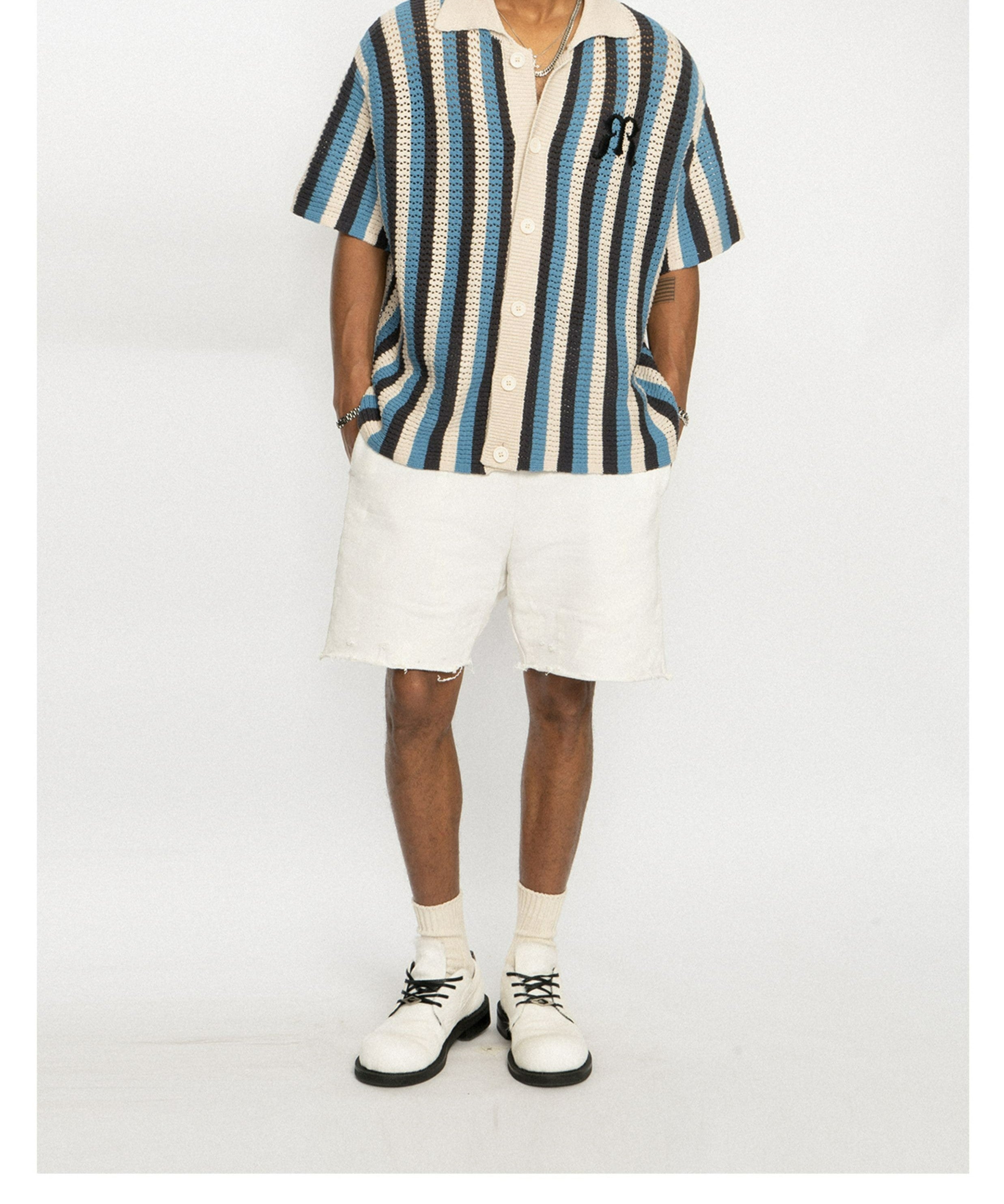 EMPTY REFERENCE Striped Crochet Collar Shirt