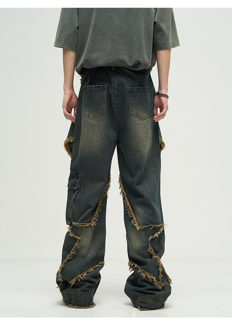 WLNEXT Raw Edge Star Stitched Jeans