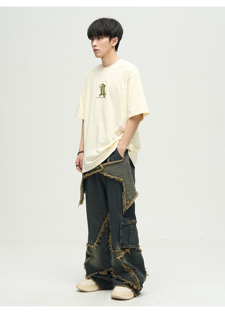 WLNEXT Raw Edge Star Stitched Jeans