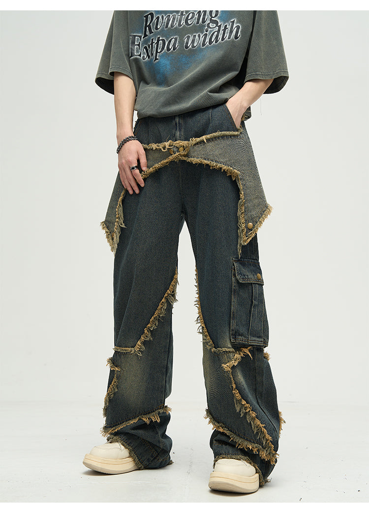 WLNEXT Raw Edge Star Stitched Jeans