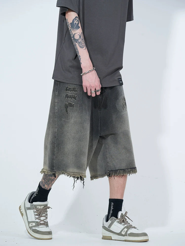 WLNEXT Vintage Raw Edge Denim Shorts