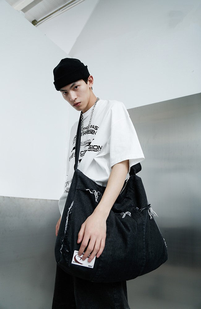 TGNS Washed Denim Distressed Messenger Bag