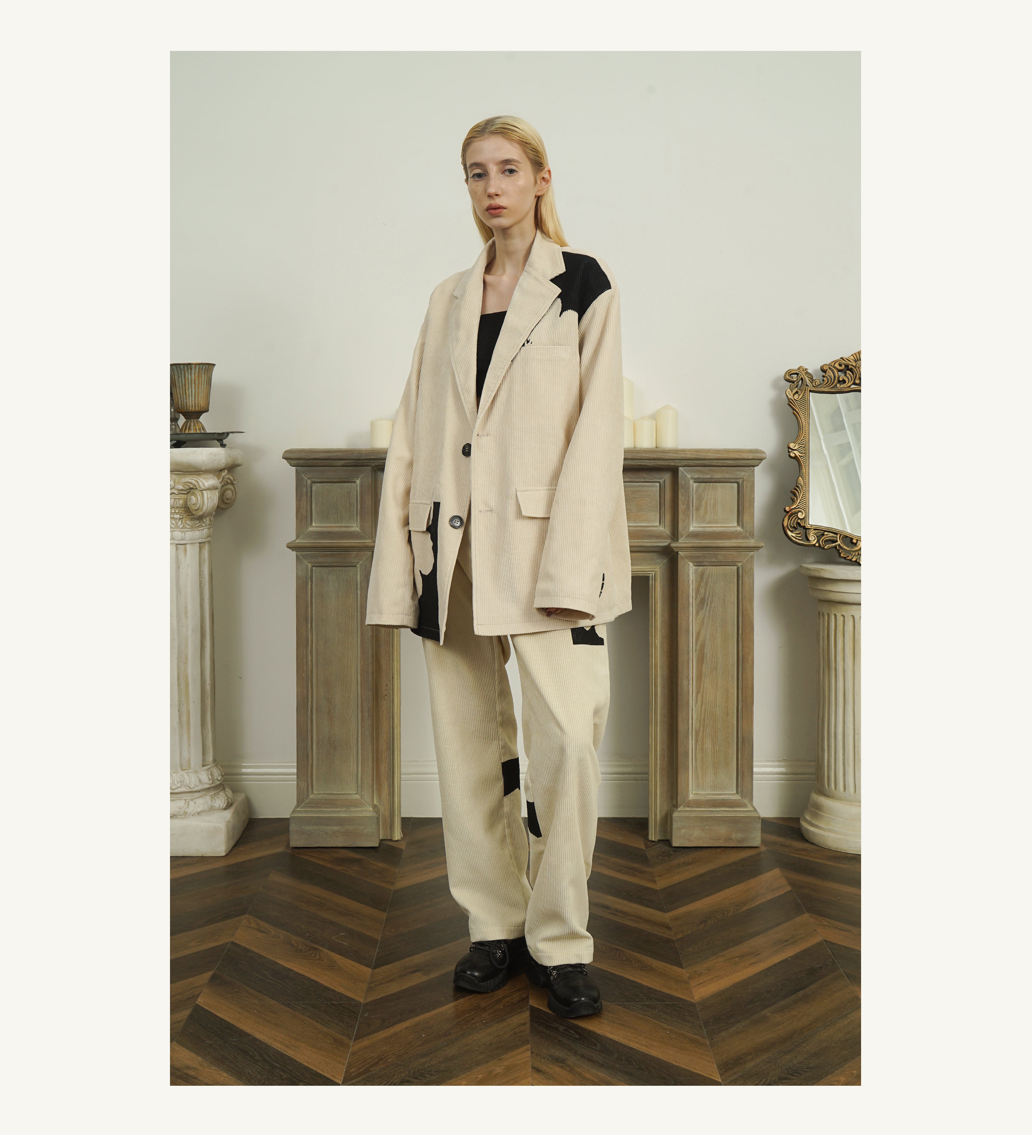 EMPTY REFERENCE Two-Tone Flower Corduroy Trousers