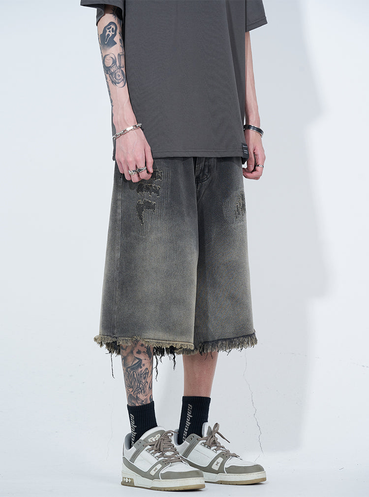 WLNEXT Vintage Raw Edge Denim Shorts