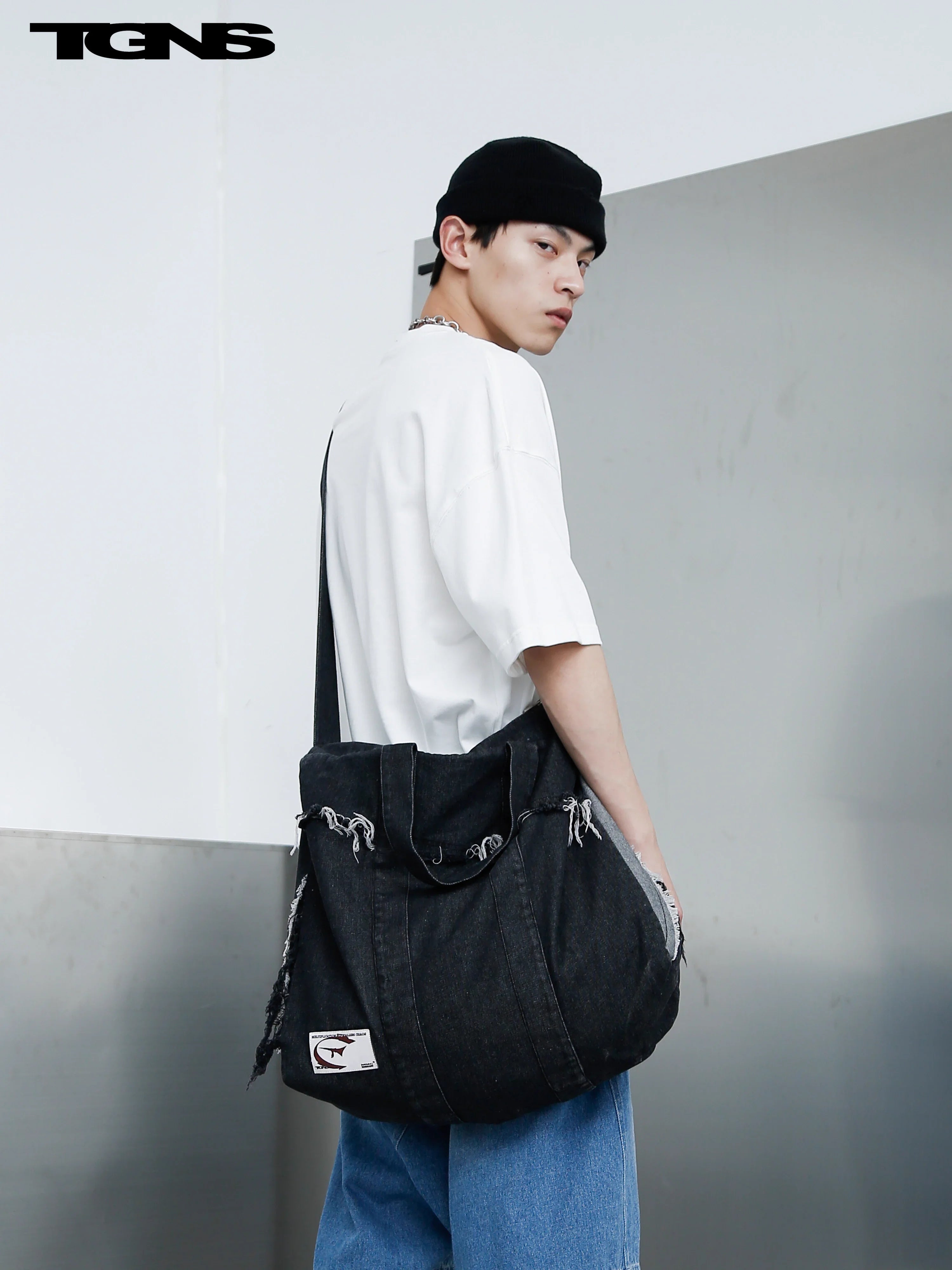TGNS Washed Denim Distressed Messenger Bag