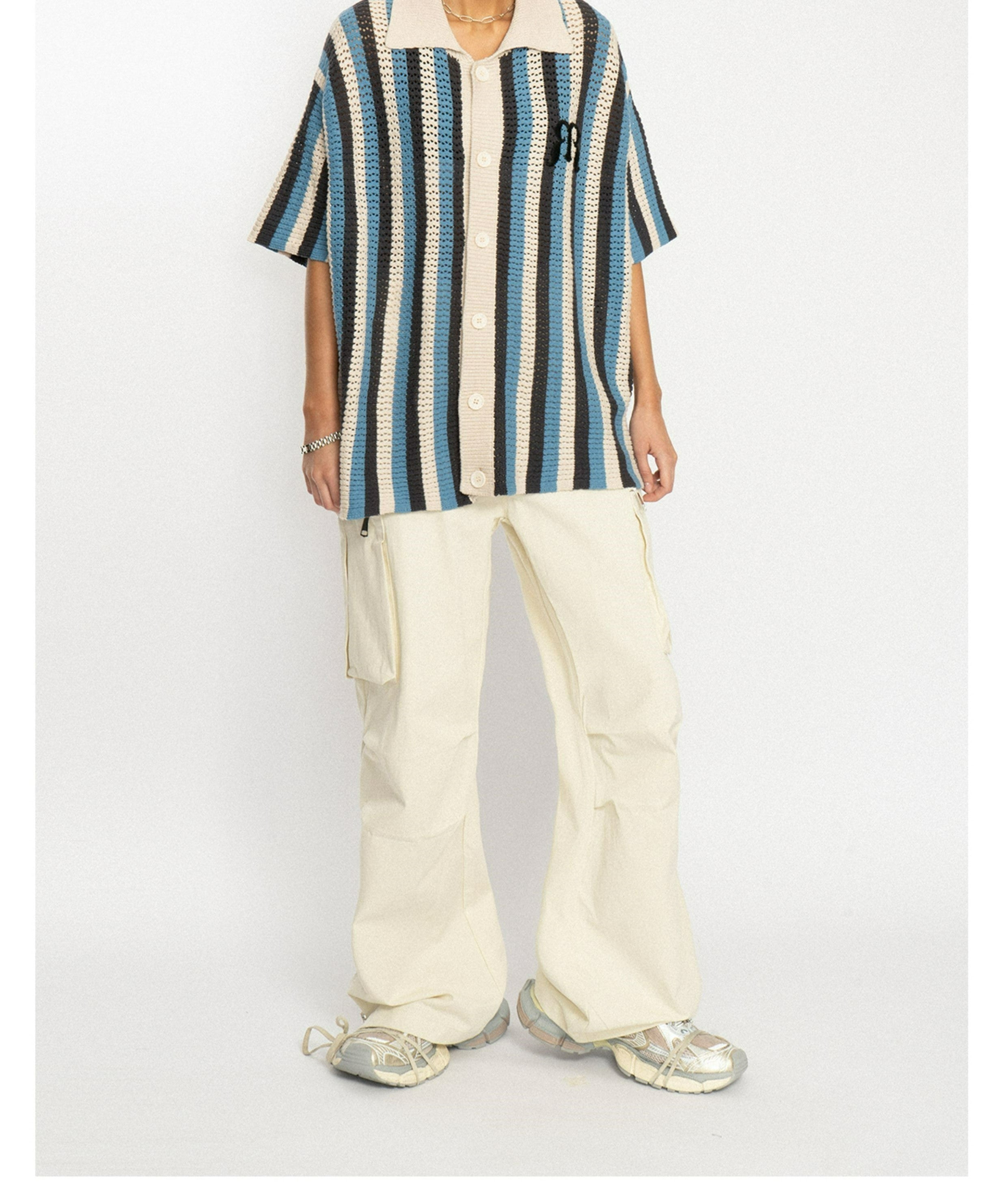 EMPTY REFERENCE Striped Crochet Collar Shirt