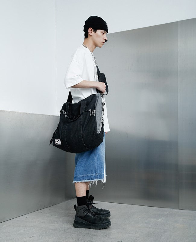 TGNS Washed Denim Distressed Messenger Bag