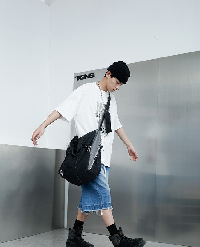 TGNS Washed Denim Distressed Messenger Bag
