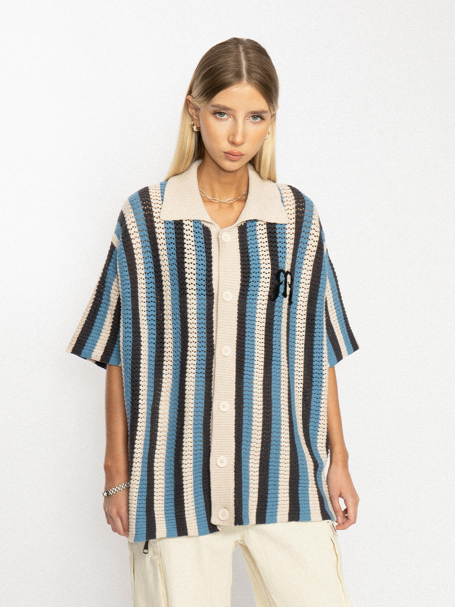 EMPTY REFERENCE Striped Crochet Collar Shirt