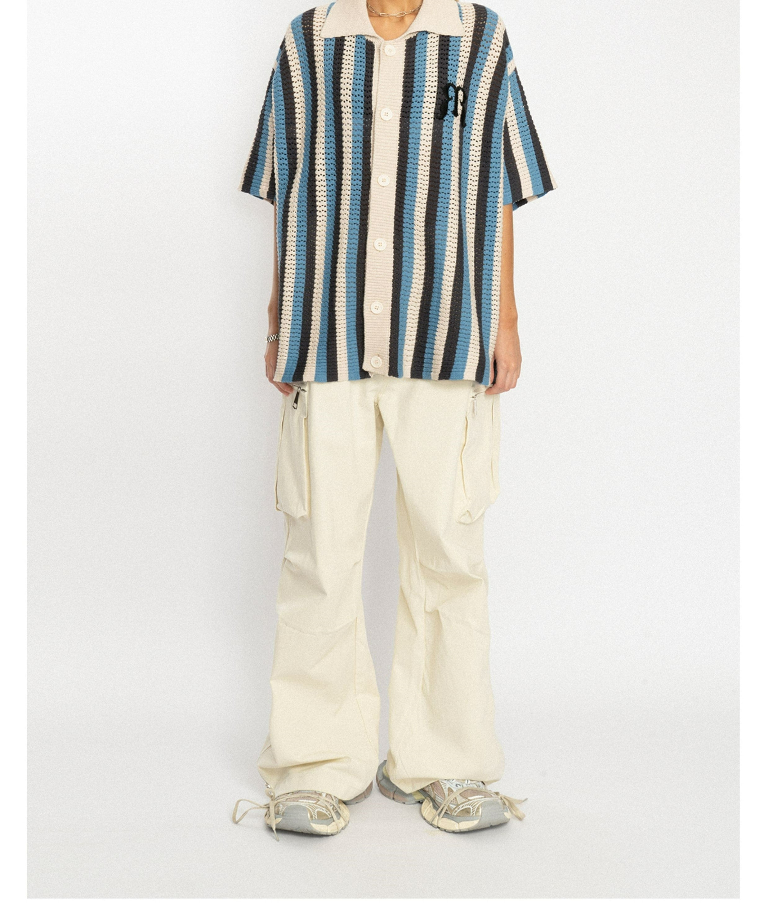 EMPTY REFERENCE Striped Crochet Collar Shirt
