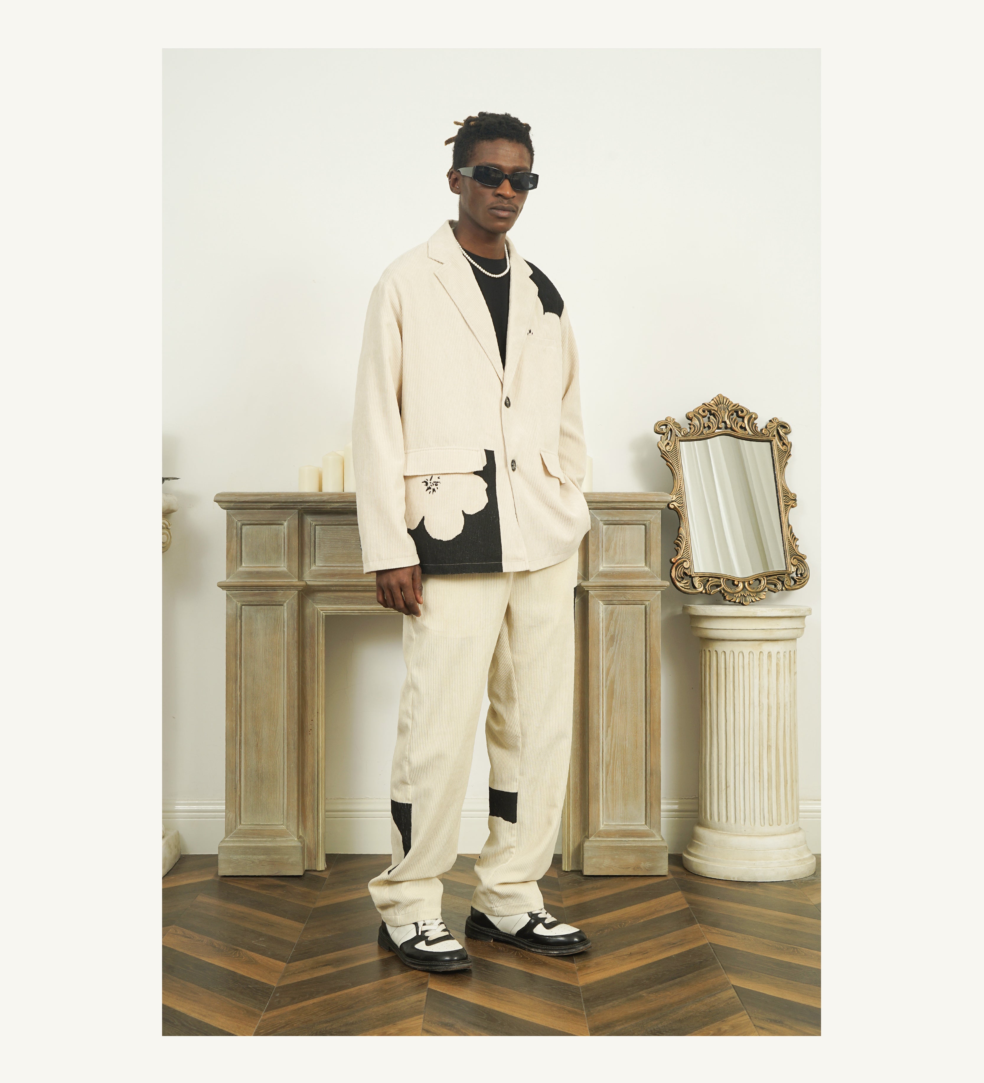 EMPTY REFERENCE Two-Tone Flower Corduroy Trousers