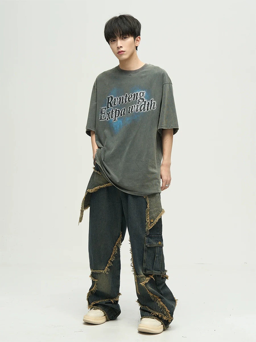 WLNEXT Raw Edge Star Stitched Jeans