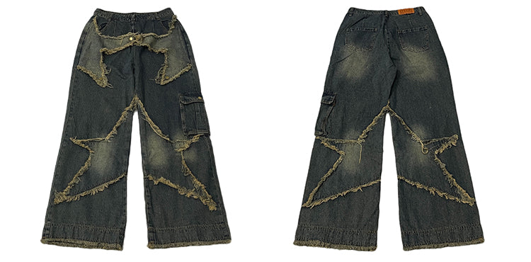 WLNEXT Raw Edge Star Stitched Jeans