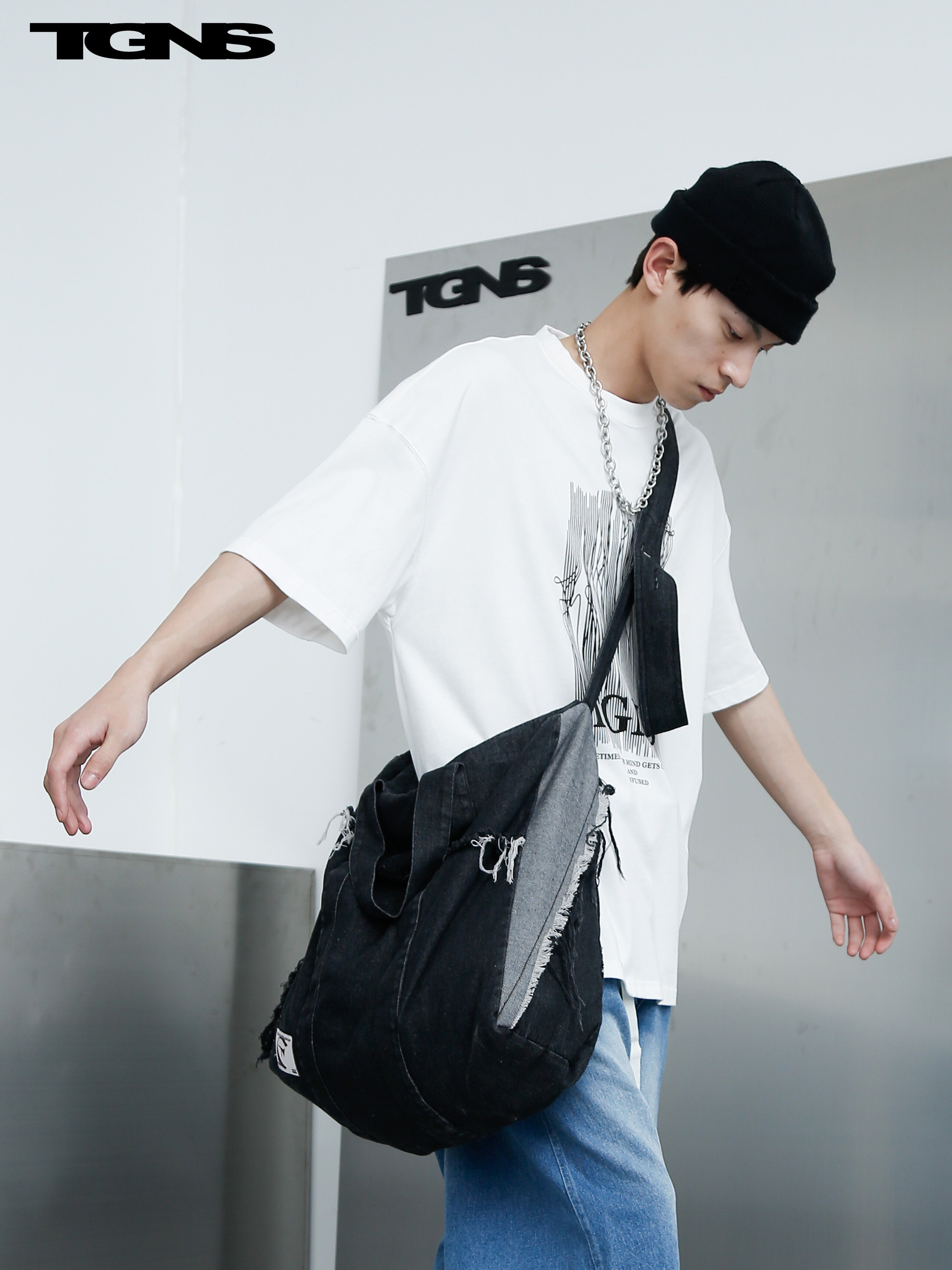 TGNS Washed Denim Distressed Messenger Bag