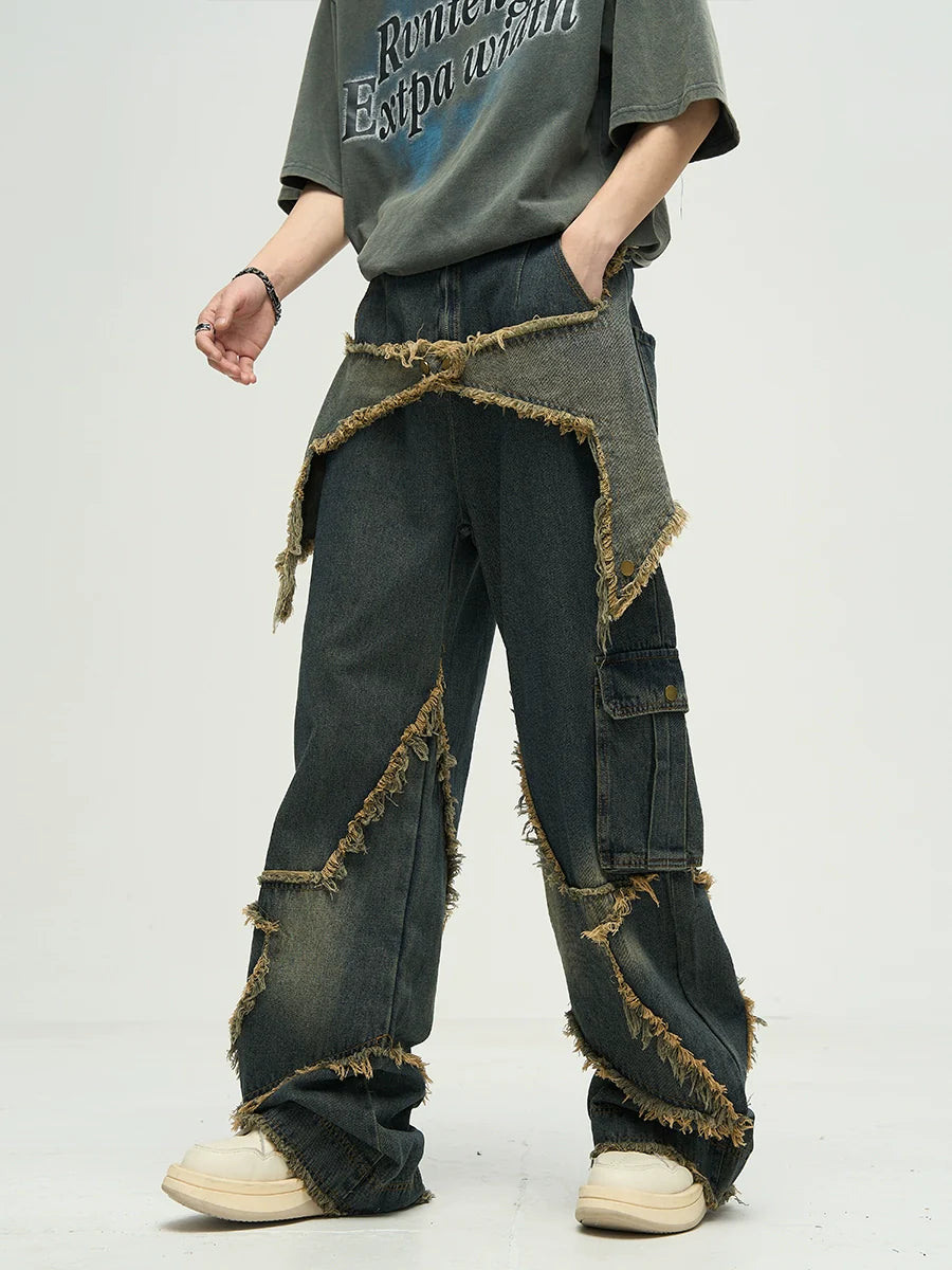 WLNEXT Raw Edge Star Stitched Jeans