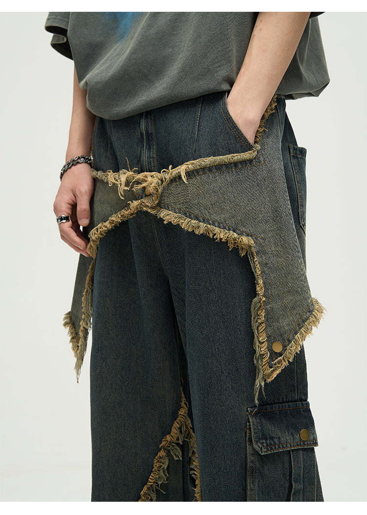 WLNEXT Raw Edge Star Stitched Jeans