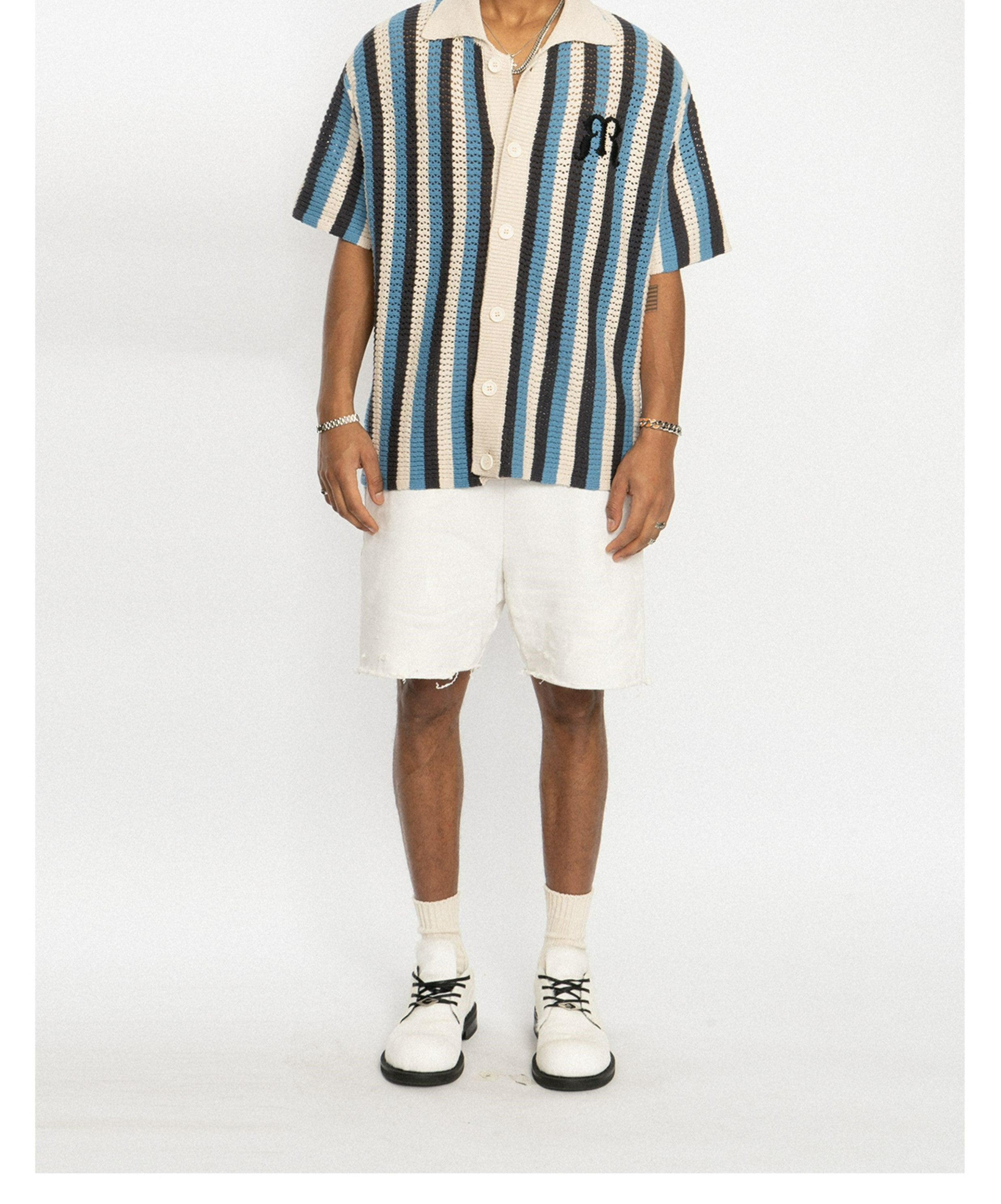 EMPTY REFERENCE Striped Crochet Collar Shirt