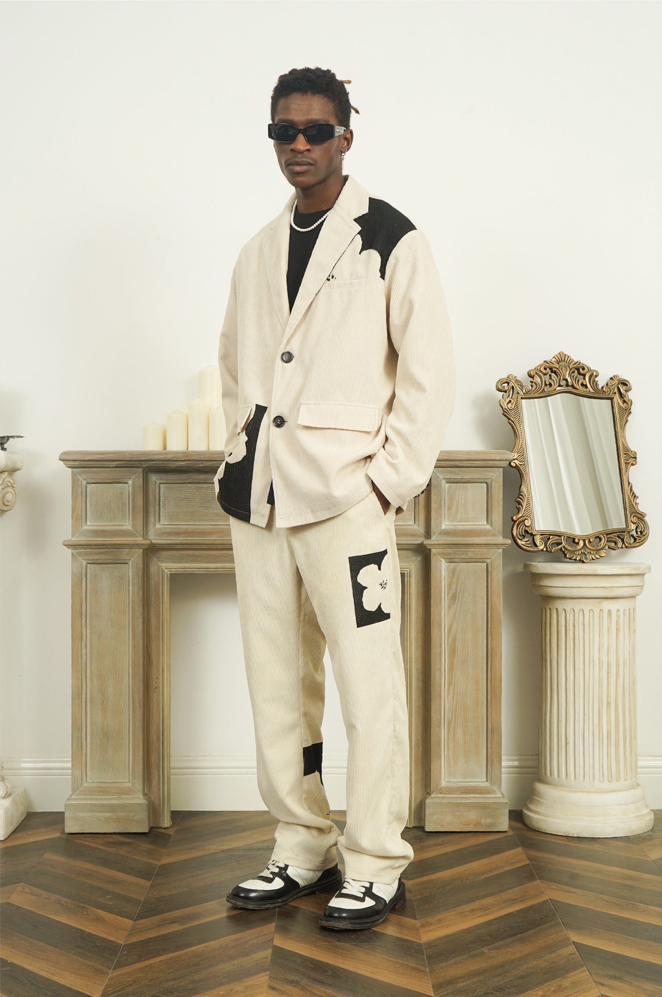 EMPTY REFERENCE Two-Tone Flower Corduroy Trousers