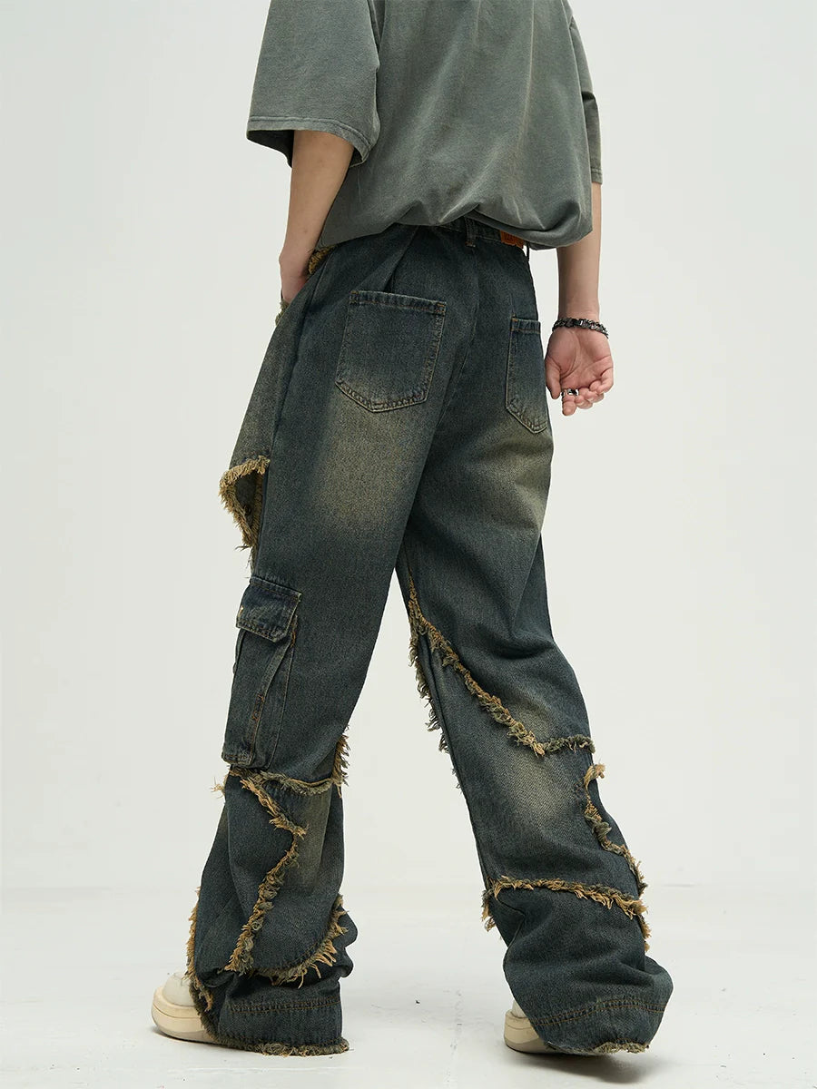 WLNEXT Raw Edge Star Stitched Jeans