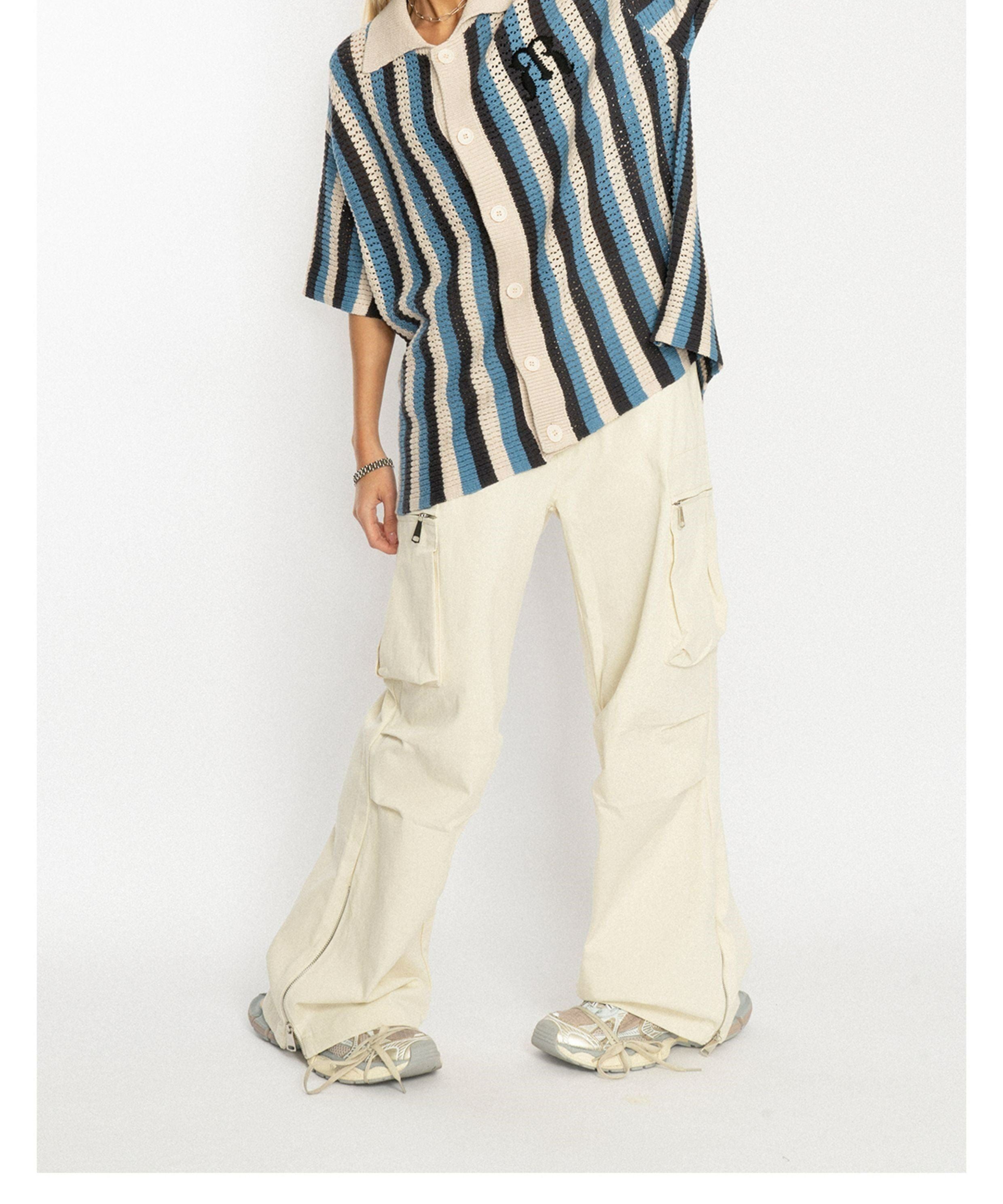 EMPTY REFERENCE Striped Crochet Collar Shirt