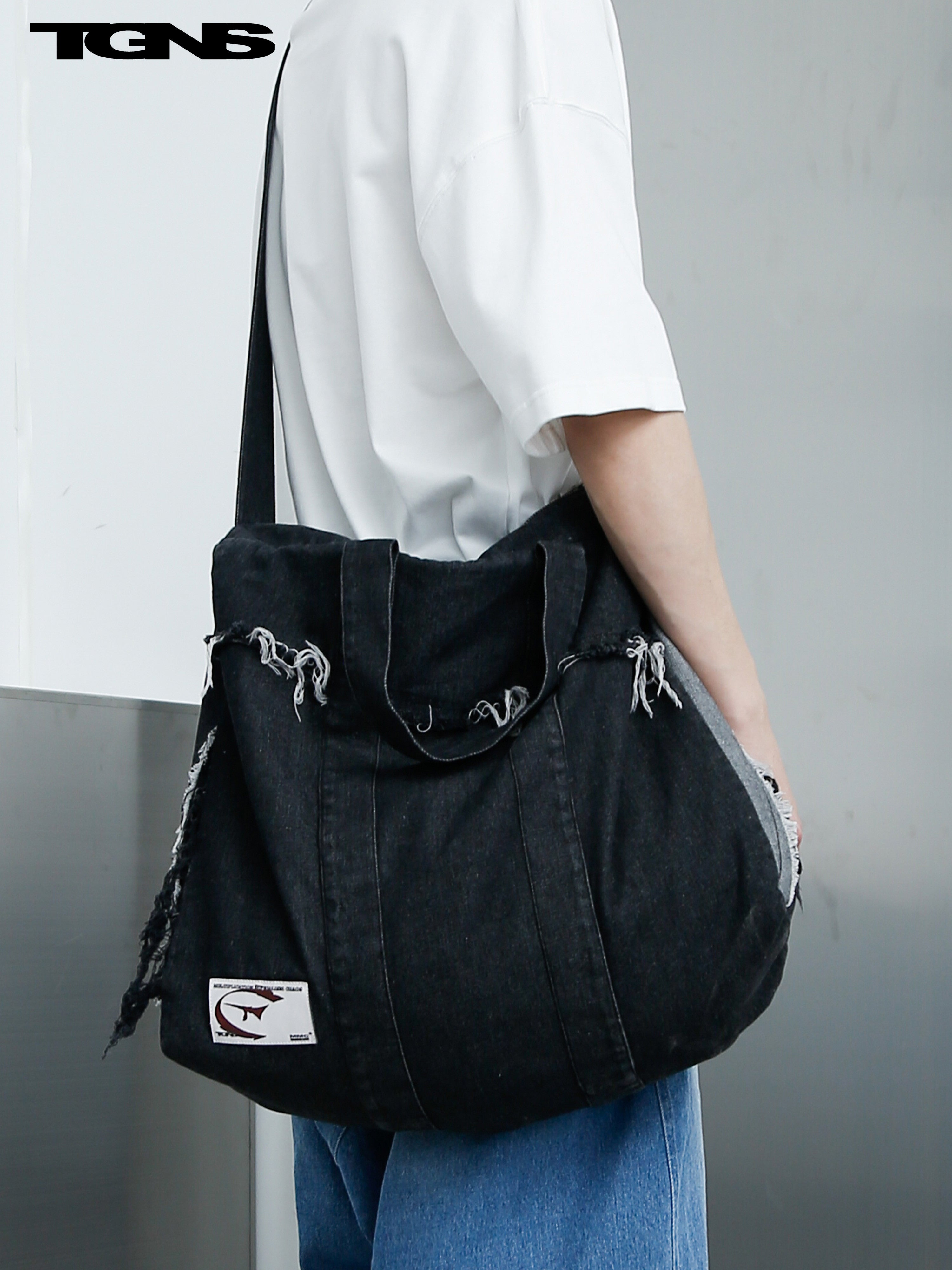 TGNS Washed Denim Distressed Messenger Bag