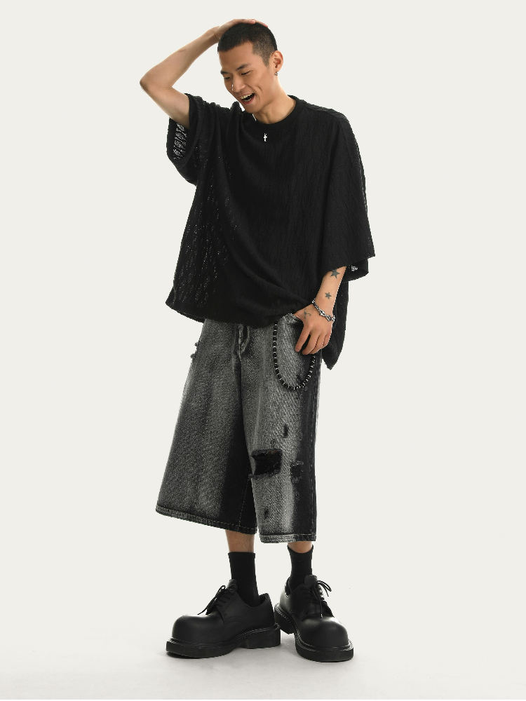 JHYQ Ripped Grunge Capri Cut Denim Shorts